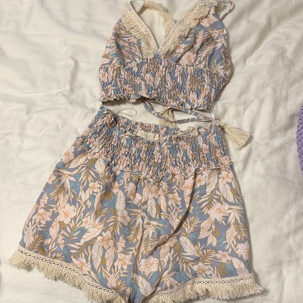 ILLA ILLA Floral Lace Trim Pajama Set - Blue and Cream